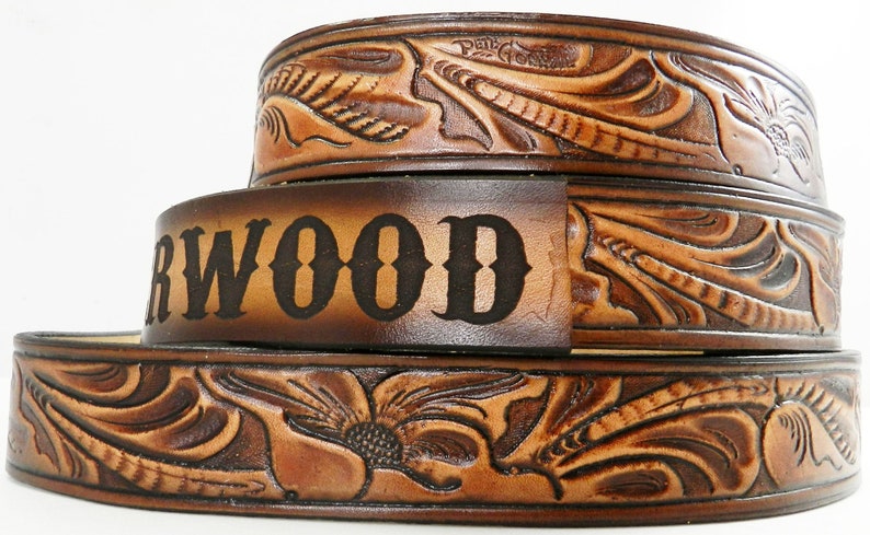 Name Belt. Western carved NBT929 Includes name in center back, removable utility buckle & leather keeper image 2