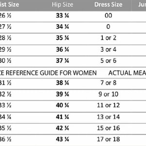 May include: A size chart for women's clothing, showing corresponding sizes for MissMe, waist, hip, dress, juniors, and belt sizes. The chart includes sizes from 24 to 34.