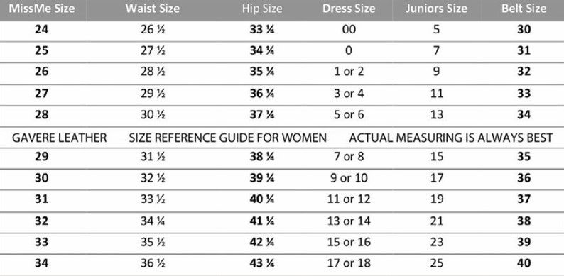 May include: A size chart for women's clothing, showing corresponding sizes for MissMe, waist, hip, dress, juniors, and belt sizes. The chart includes sizes from 24 to 34.
