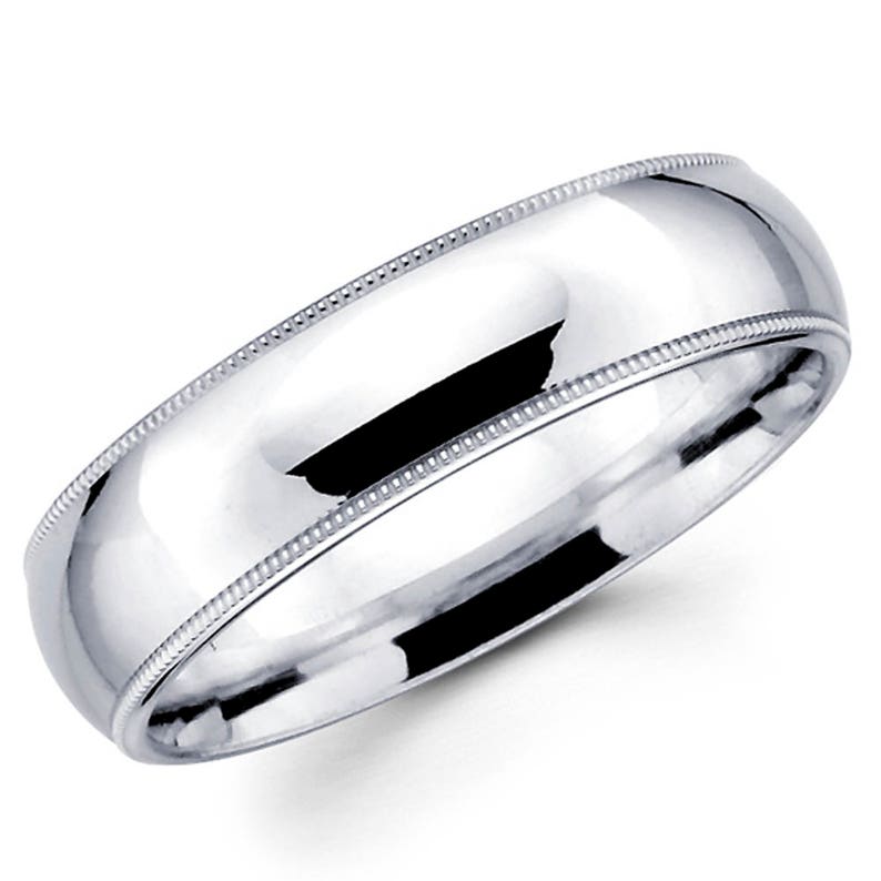 10K Solid White Gold 6mm Milgrain High Polish Comfort Fit Wedding Band Ring