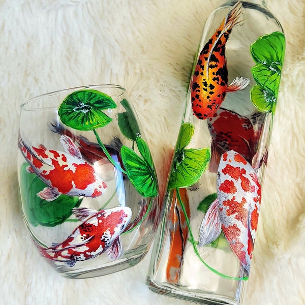 Hand painted Koi fish Koi pond wine glasses oil bottle Lucky Koi Japanese Nature hand made gift