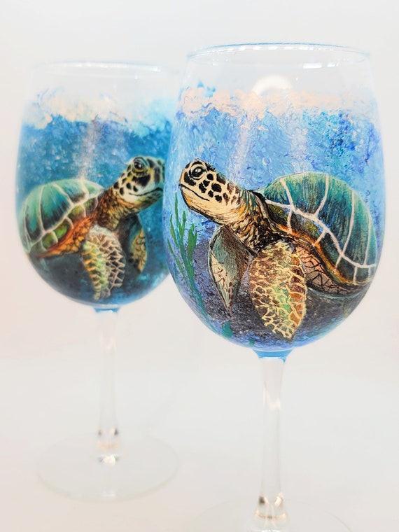 Hand Painted Sea Turtle Swimming Wine Glass Underwater Sea Turtle Tortoise  Wine Glasses Beach Sea Life Unique Gift - Etsy