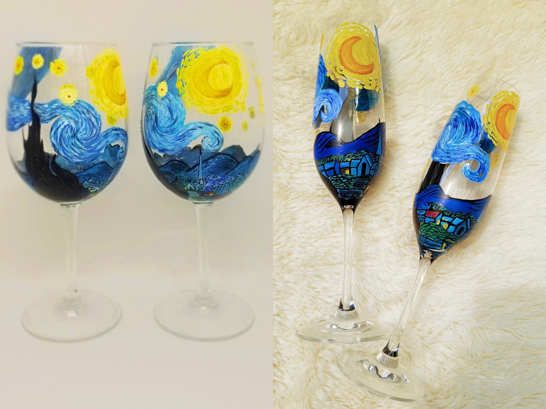 Starry Night Inspired Hand Painted Wine Glass Champagne Flute With