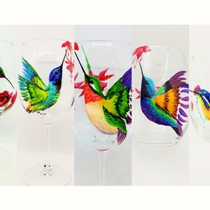 Humming bird hand painted wine glass colorful cute nature flower
