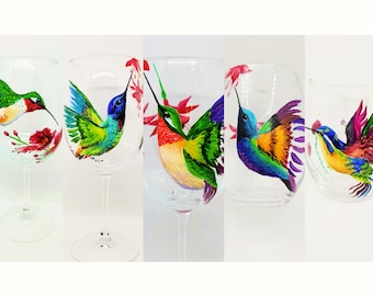 Humming bird hand painted wine glass colorful cute nature flower
