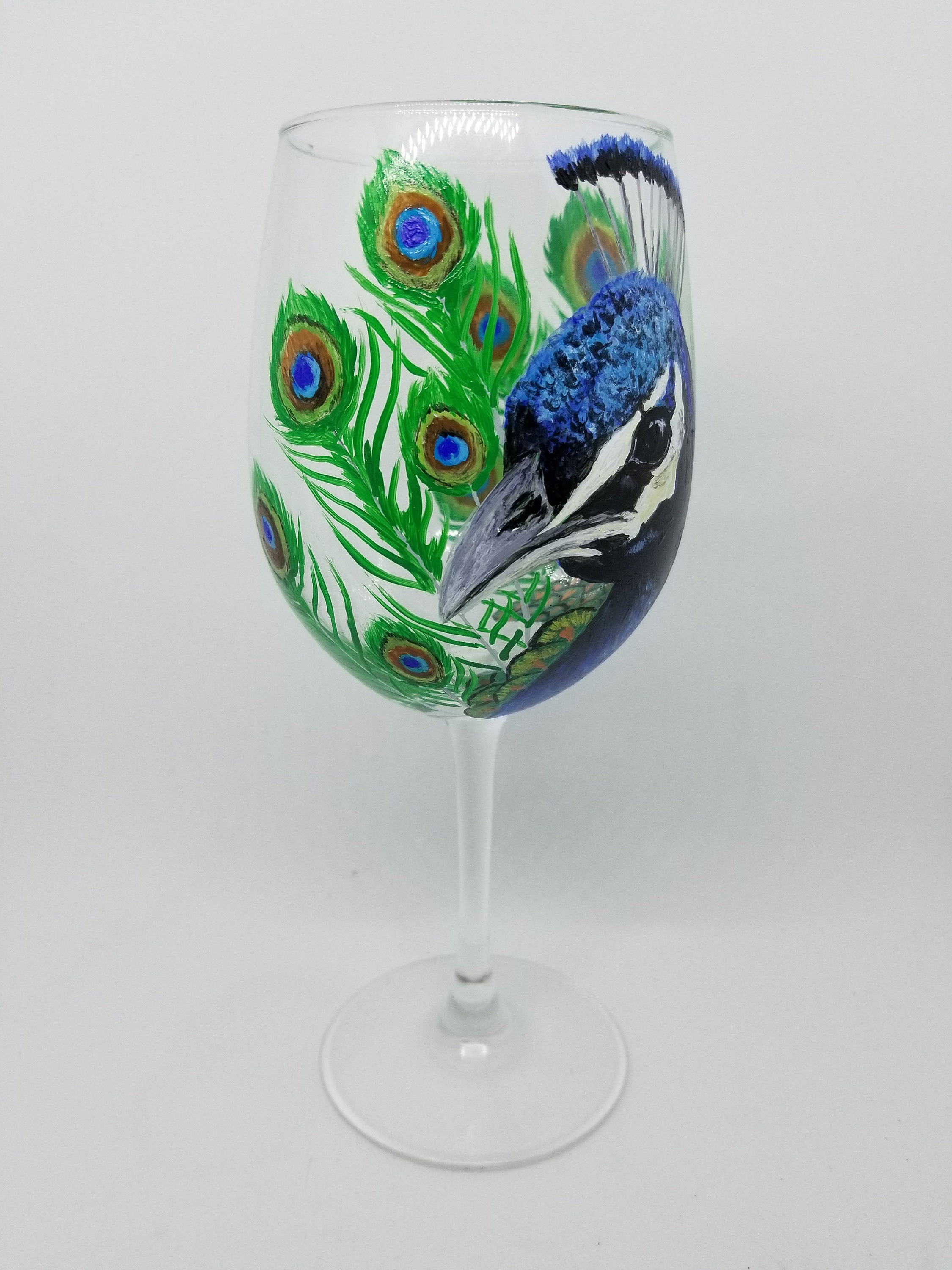 Painted Peacock Large Wine Glass Personalized Peacock Drinking Glass Bird Wine  Glass Anniversary Gift Colorful Glass 