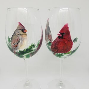 Cardinals couple hand painted wine glasses Valentine's Day gift love birds nature cute anniversary