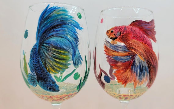Hand Painted Wine Glass Betta Fish Fighting Fish Colorful Vibrant