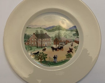 Vintage Grandma Moses ~ Assiette maison à carreaux rouges par Atlas China (NY)