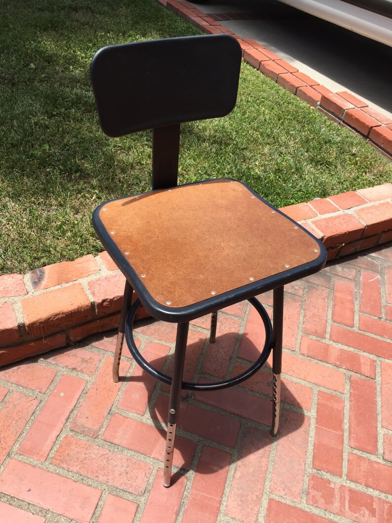Vintage Industrial Drafting Metal Stool w/Back Rest Shipping Etsy