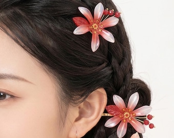 Rote Farbverlaufsblume & Rubinblatt Botanische Haarnadel Paar, Hanfu chinesischen Stil