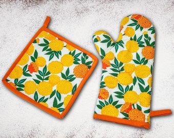 Ensemble de gants de cuisine et de maniques de cuisine 100 % coton, fait main, style rétro vintage, orange et vert souci. Livraison gratuite