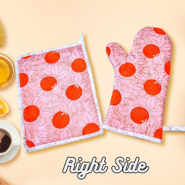 Cute 100% Cotton Handmade Retro Vintage Print Kitchen Mid-Century Citrus, Gold, and Pink Kitchen Oven Mitt & Pot Holder Set. Free Shipping!