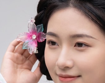 Real Glass Shades of Pink & Teal Flower Clip Pair, Hanfu Chinese Wedding Style