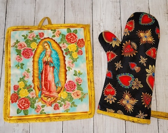 Handmade Virgin Mary Oven Mitt and Pot Holder Set: Señora de Guadalupe Kitchen Decor