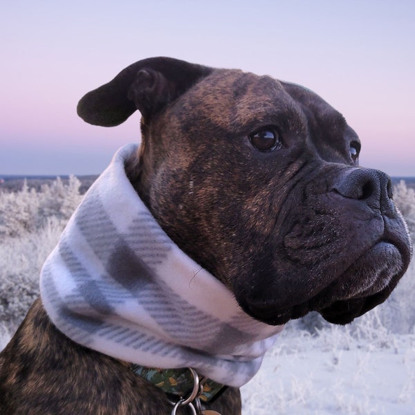 Cute, Warm, and Soft Gray and White Plaid Fleece Winter Dog Scarf/Infinity Scarf Over the Collar