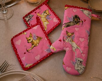 Cotton Oven Mitt and Pot Holder Set — Pink Dog Print