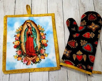 Handmade Virgin Mary Senora Guadeloupe Potholder & Oven Mitt Set Sacred Heart Kitchen Decor