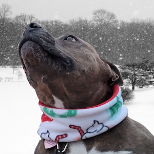Reversible Fleece Dog Scarf: Santa&#39;s Hot Chocolate Print Winter Infinity Scarf