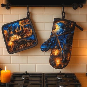 Witchy Black Cat Oven Mitt & Pot Holder Set: Halloween Kitchen Decor