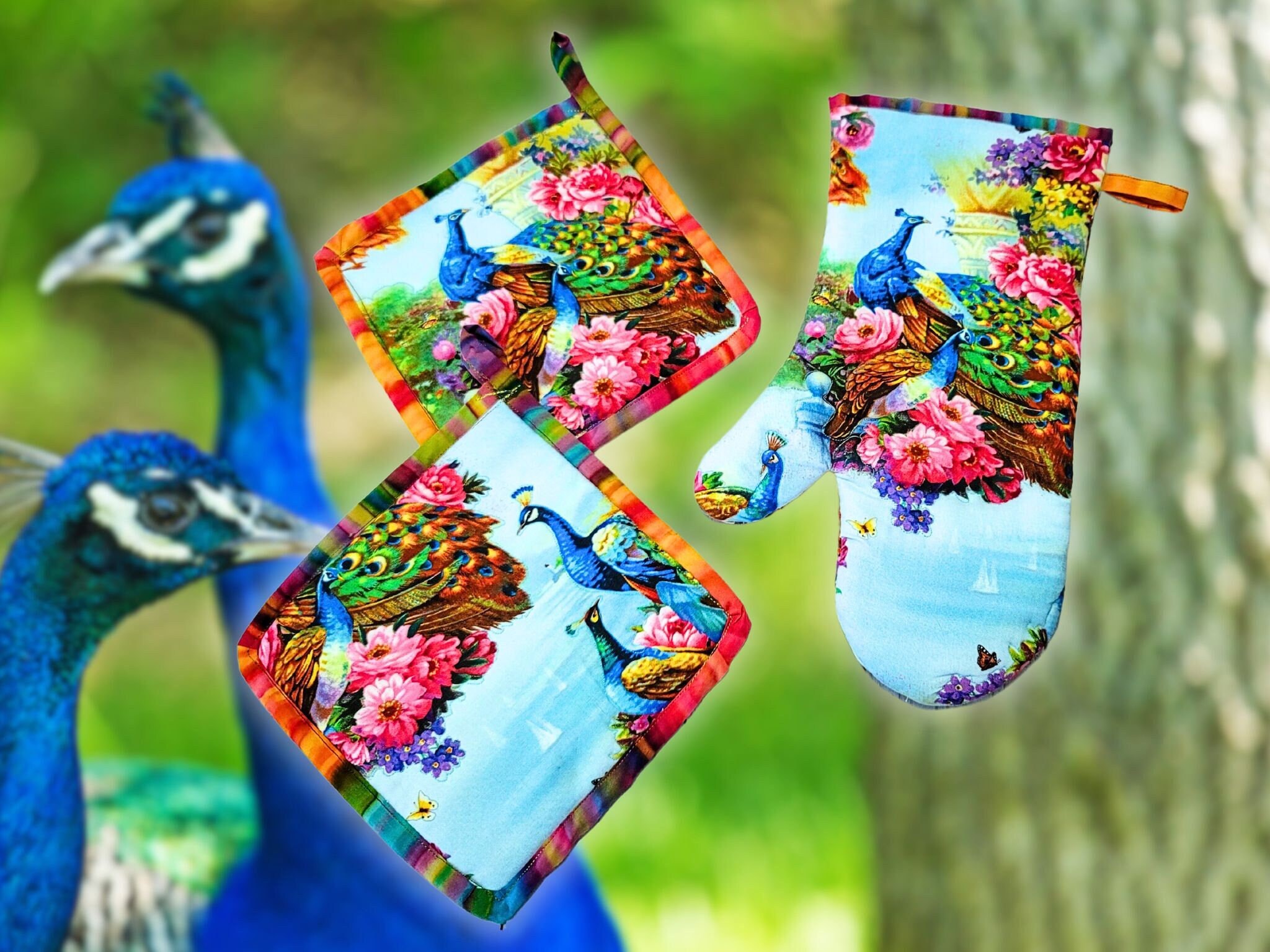 Handmade Peacock Print Oven Mitt and Pot Holder Set: Cotton Kitchen Decor