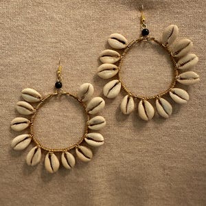 LAST PAIR~ Cowrie Shell Hoop Earrings; Wire Wrapped earrings; Dangle Jewelry
