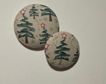 Christmas Tree Earrings, Fabric Covered Button Earrings