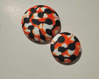 Fabric Covered Button Earrings: Orange, Black, White