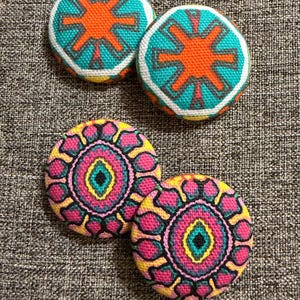 Multi Color Medallion Button Earrings; Covered Button; Button Earrings