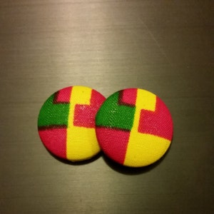 Kente Fabric Covered Button Earrings, African Print