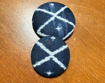 Navy Blue Geometric Button Earrings • Fabric Covered Studs or Clip-Ons