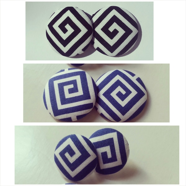 Black/White and Blue/White Greek Key Button Earrings, Fabric Button Earrings