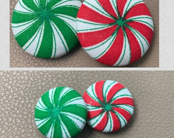 Red and Green Swirl Fabric Button Earrings