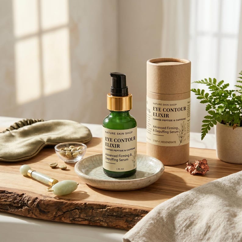 May include: A green glass bottle of Nature Skin Shop Eye Contour Elixir with a black pump and gold collar, next to its cylindrical cardboard packaging, a small jade roller, a tiny bowl of coffee beans, and a green fabric eye mask.