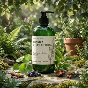 以下が含まれることがあります： 黒いポンプディスペンサーが付いた、グリーンのガラスボトルに入ったBotanical Sculpt Lotion。ラベルには「Botanical Sculpt Lotion」と「Resilience Infusion Ritual」と書かれています。ボトルは、葉、ベリー、小さな木のスプーンなど、緑に囲まれています。屋外での設定です。