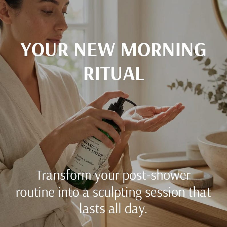 以下が含まれることがあります： 黒いポンプディスペンサーが付いた、グリーンのBotanical Sculpt Lotionのボトル。「YOUR NEW MORNING RITUAL」の文字が上にあり、「Transform your post-shower routine into a sculpting session that lasts all day」の文字が下にあります。