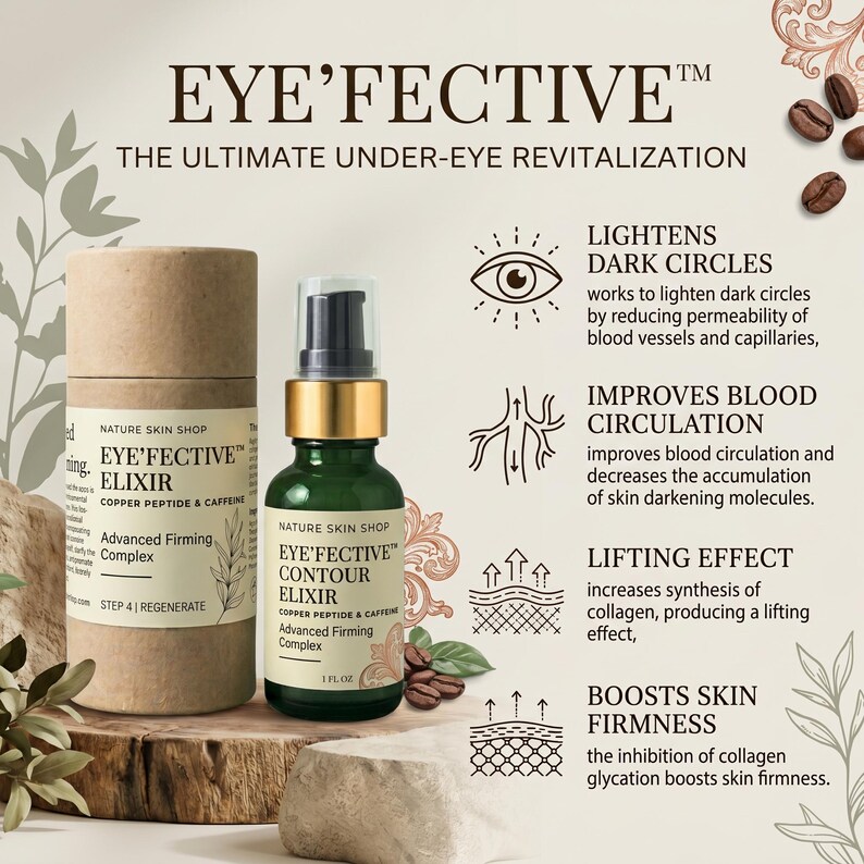 May include: A green glass bottle of Eye'fective Contour Elixir with a gold pump and a matching cardboard tube container. The label lists Copper Peptide and Caffeine, 1 fl oz, and Nature Skin Shop. Text details benefits for dark circles and skin.