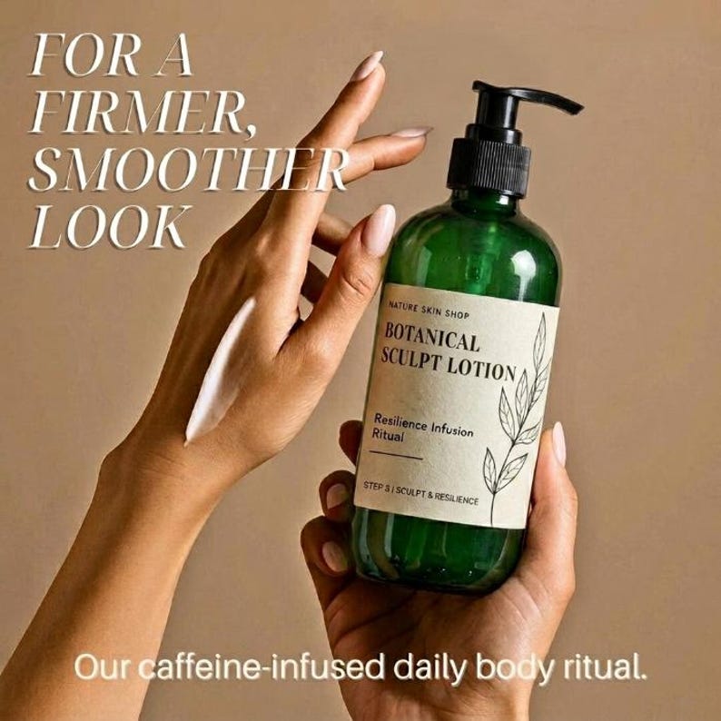 以下が含まれることがあります： 黒いポンプが付いたグリーンのBotanical Sculpt Lotionのボトルが手に持たれています。「Botanical Sculpt Lotion」と「Resilience Infusion Ritual」と書かれたラベル。上部のテキストは「For a Firmer, Smoother Look」です。手にローションの筋が見えます。