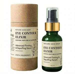 May include: A cylindrical cardboard container and a green glass bottle of Nature Skin Shop Eye Contour Elixir with copper peptide and caffeine. The label reads Advanced Firming and Depuffing Serum, Step 4, and 1 fl oz. The bottle has a gold collar.