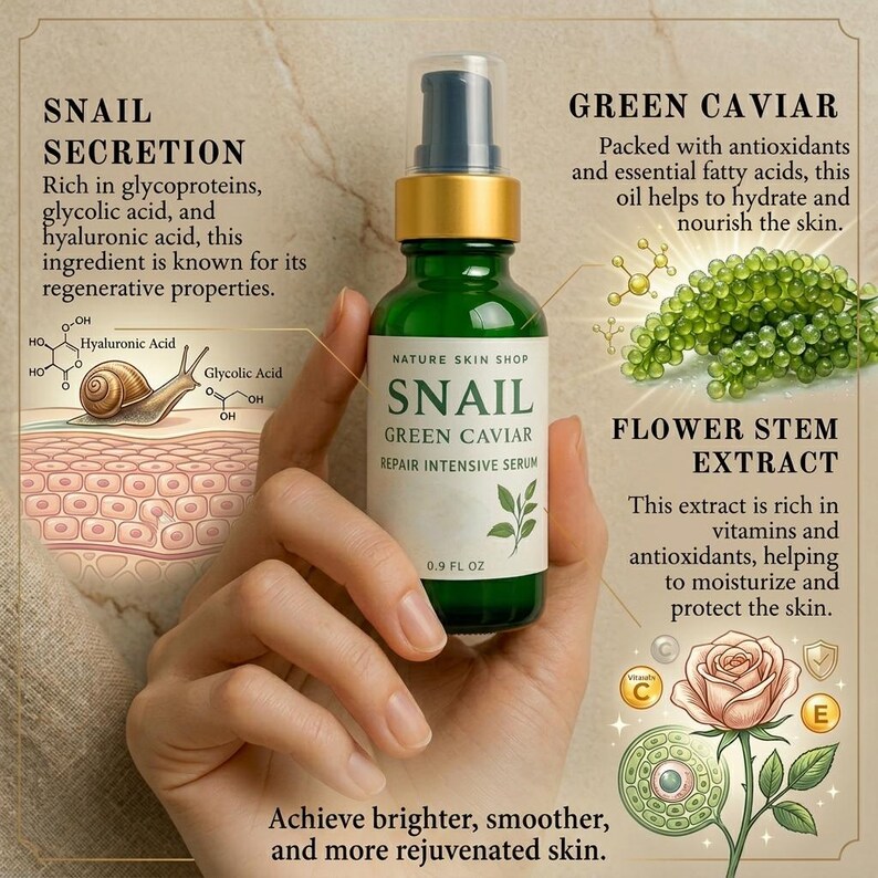 Snail and Green Caviar Smoothing Serum 1 oz, Intensive Surface Recovery for Aging image 4