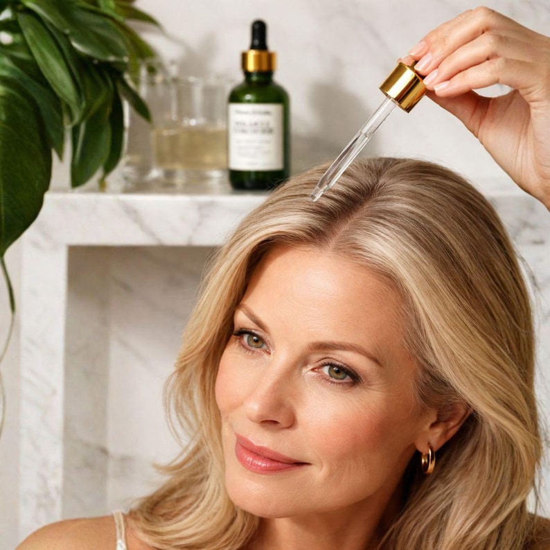 May include: A woman with blonde hair is shown with a dropper applying a clear liquid to her scalp. A green bottle with a gold cap is in the background. The image suggests a hair care or beauty product.