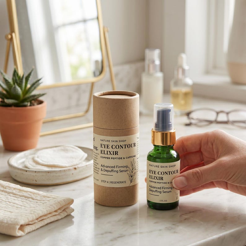May include: A cylindrical cardboard tube and a small green glass bottle of Nature Skin Shop Eye Contour Elixir with a pump dispenser. Both containers feature white labels with black text detailing the product name, ingredients, and step 4.