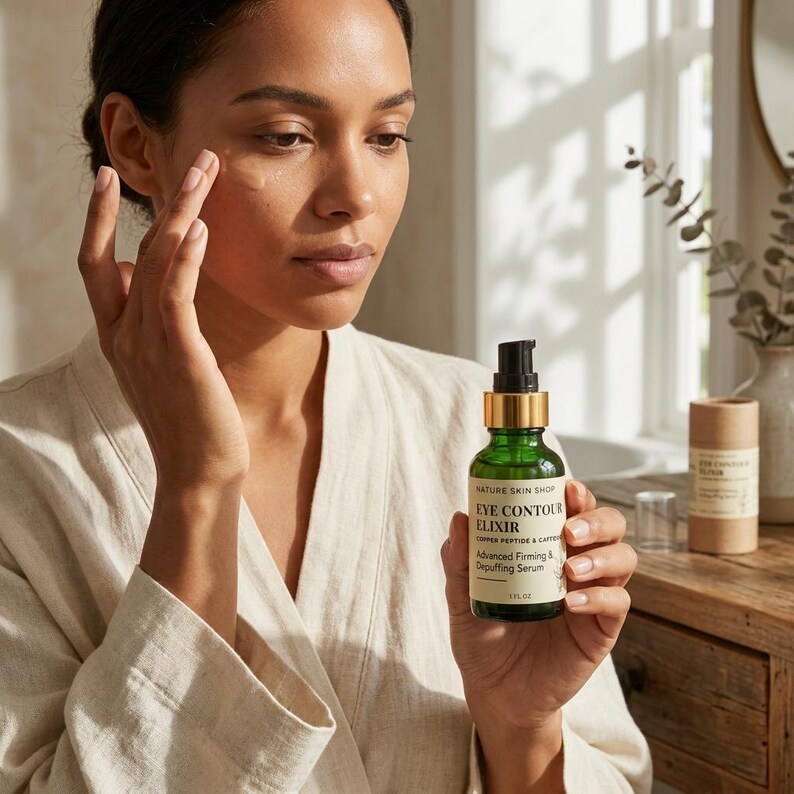 May include: A green glass bottle of Nature Skin Shop Eye Contour Elixir with a gold pump dispenser. The label reads Eye Contour Elixir, Copper Peptide & Caffeine, Advanced Firming & Depuffing Serum, 1 fl oz. A matching cylindrical cardboard tube sits nearby.