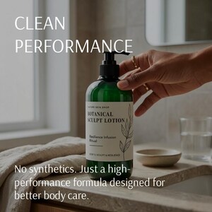 以下が含まれることがあります： 黒いポンプディスペンサーが付いた、グリーンのBotanical Sculpt Lotionのボトル。「CLEAN PERFORMANCE」と「NATURE SKIN SHOP」のラベル。下のテキストには「No synthetics. Just a high-performance formula designed for better body care.」と書かれています。