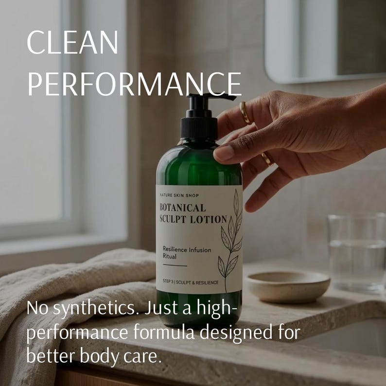 以下が含まれることがあります： 黒いポンプディスペンサーが付いた、グリーンのBotanical Sculpt Lotionのボトル。「CLEAN PERFORMANCE」と「NATURE SKIN SHOP」のラベル。下のテキストには「No synthetics. Just a high-performance formula designed for better body care.」と書かれています。