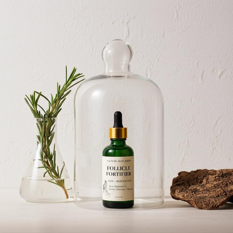 May include: A green glass bottle with a gold dropper, labeled "Follicle Fortifier" sits under a glass cloche. A sprig of rosemary is in a clear glass beaker to the left. The background is white.