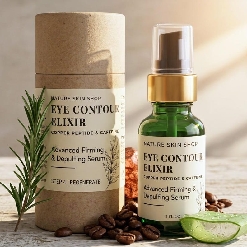 May include: A cylindrical cardboard container and a green glass bottle of Nature Skin Shop Eye Contour Elixir, Copper Peptide & Caffeine, Advanced Firming & Depuffing Serum, 1 fl oz. Includes a sprig of rosemary, coffee beans, and aloe vera.