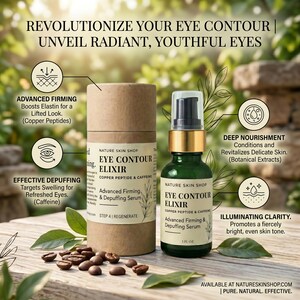 May include: A Nature Skin Shop Eye Contour Elixir serum in a dark green glass bottle with a pump, next to a cylindrical cardboard container. The label reads Copper Peptide & Caffeine Advanced Firming & Depuffing Serum, 1 fl oz, with text about benefits.