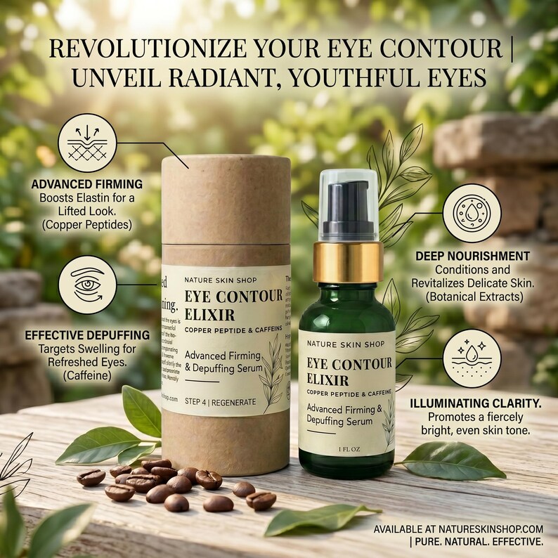 May include: A Nature Skin Shop Eye Contour Elixir serum in a dark green glass bottle with a pump, next to a cylindrical cardboard container. The label reads Copper Peptide & Caffeine Advanced Firming & Depuffing Serum, 1 fl oz, with text about benefits.