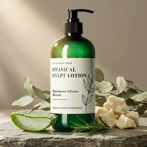 以下が含まれることがあります： 黒いポンプディスペンサーが付いた、グリーンのガラスボトルに入ったBotanical Sculpt Lotion。ラベルには「Botanical Sculpt Lotion」と「Resilience Infusion Ritual」と書かれています。ボトルの横には、アロエベラ、ローズマリー、白いシアバターの塊があります。